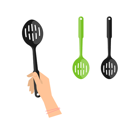 Female hand is holding slotted spoon. Flat illustration of kitchen and cooking utensils. Vector element for web design and inforaphics.のイラスト素材