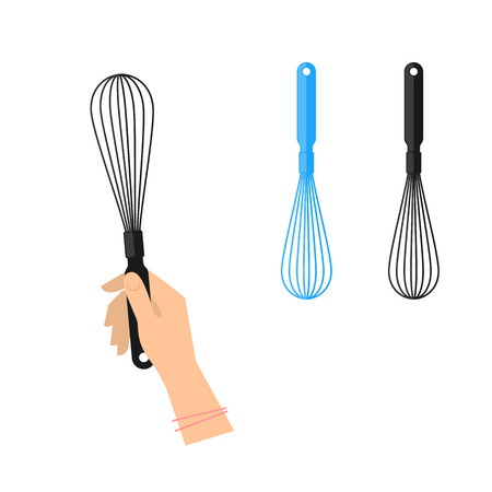 Female hand is holding black whisk. Flat illustration of kitchen and cooking utensils. Vector element for web design and inforaphics.のイラスト素材