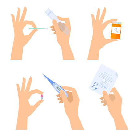 Hands are holding medical things: thermometer, pill, prescription, tablet, test-tube.のイラスト素材