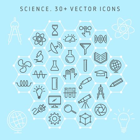 Vector line icon set of science lab and scientific research equipment. Science laboratory and symbols collectionのイラスト素材