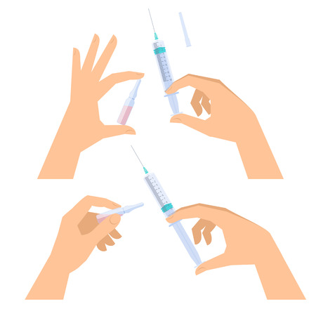 Doctor, nurse is holding syringes and ampoules in his hand to inject vaccine. Medicine, science and health care flat concept illustration of hands with medical, clinic and laboratory injection tools.のイラスト素材