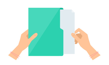 Business woman's hand takes out a document sheet from green folder. Flat concept illustration of office supply. Isolated on white workspace accessory. Vector infographic elements for web, presentation.のイラスト素材