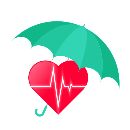 Umbrella protects heart. Medicine and health care flat concept illustration of red heart shape with heartbeat pulse line. Vector element for medical and healthcare infographic and design.のイラスト素材