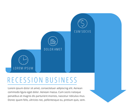 Steps of recession, decrease business concept. Blue arrow depict decline business. Flat illustration of downward arrow. Vector template element for infographic, web, presentation, social networks.のイラスト素材