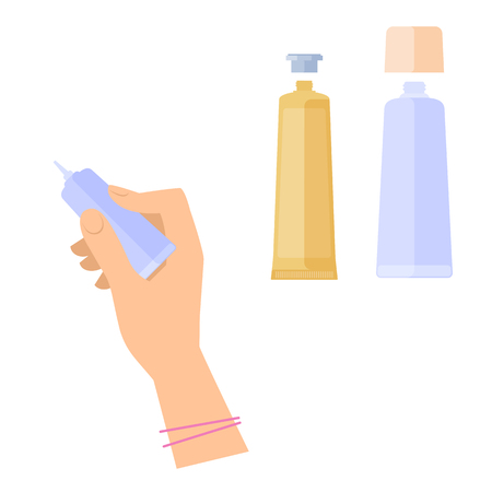 Women's hand with cosmetic product: cream tubes. Flat illustration of female hand with cosmetical accessories. Vector isolated on white background fashion and makeup design elements.のイラスト素材