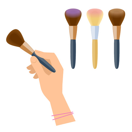 Women's hand with cosmetic product: mascara and eyeshadow brush. Flat illustration of female hand with cosmetical accessories. Vector isolated on white background fashion and makeup design elements. のイラスト素材
