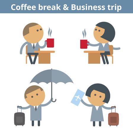 Business cartoon avatar set: business trip, travel and coffee break. Vector flat journey, airport, flight expectation userpic and icons. Collection for web design, social networks and infographics.のイラスト素材