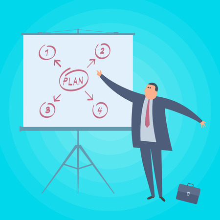Businessman is showing a presentation at business meeting. Finance strategy flat concept illustration. Man is drawing business plan on a screen. Corporate, management, marketing vector design element.のイラスト素材