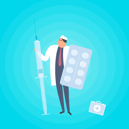 Doctor with syringe and tablets. Medicine, healthcare flat concept illustration. Medic protects patient health with pills, vaccine injection, cure and drug. Health care vector design element for web.のイラスト素材