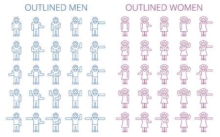 Stick figures icon set. Outlined pictogram of men and women. Various human poses and gestures concept. Flat line vector elements for web design, infographic, social networks and business presentation.のイラスト素材