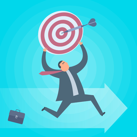 Businessman runs with dartboard goal in hands. Business targets achievement flat concept illustration. Man, aim with dart arrow. Achievement, progress, development and management vector design elementのイラスト素材