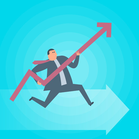 Businessman runs with increasing graph arrow. Business success flat concept illustration. Man, growth arrow as a symbol of advance in management. Profit, income, improve business vector design elementのイラスト素材