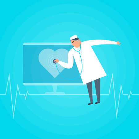 Doctor exams heartbeat remotely by computer. Online, tele medicine flat concept illustration. Medic with stethoscope listens heart shape at monitor. Telemedicine, telehealth vector design element.のイラスト素材
