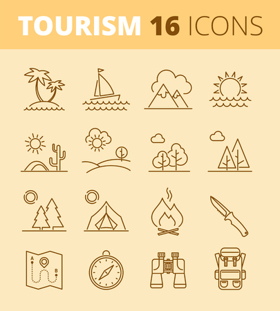 Tourism, vacation and camping outline icons: landscapes, sea, mountain, forest and fire. Vector thin line symbol and sign set. Isolated infographic elements for web, presentation, social network.のイラスト素材