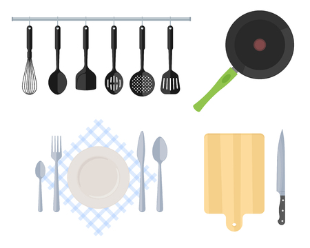Cutlery, kitchen steel utensils and kitchenware set.  Flat vector illustration of cooking tools. Frying pan, slotted spatula, whisk, strainer, fork, spoon, table-knife, wooden cutting board and knife.のイラスト素材