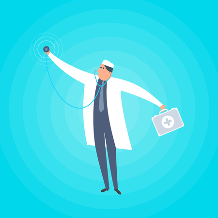 Doctor standing with stethoscope and medical suitcase. Healthcare, first-aid, ambulance, urgent care flat concept illustration. Medical, health care vector design element for web, social networks.のイラスト素材