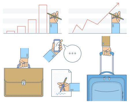 Businessman signing a contract document. Hand with a pen drawing increase arrow graph to improve business. Hand holds briefcase, luggage and mobile phone. Vector flat line concept illustrations.のイラスト素材