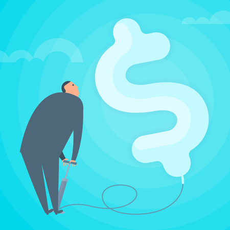 Businessman inflating the dollar balloon with hand pump. Success business and finance flat concept illustration. Man makes money. Financial, progress, achievement and  marketing vector design element.のイラスト素材
