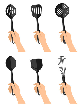 Woman's hahds with black plastic kitchen utensils. Flat concept illustration set of cooking tools. Vector cook equipment collection. Group of kitchenware appliances isolated on white background.のイラスト素材