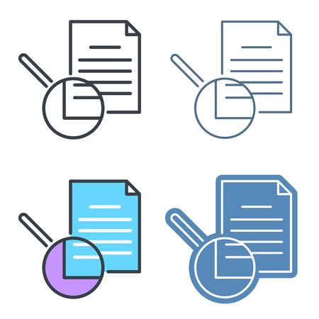 The document with magnifying glass outline icon set. Office supply line symbols. The examination linear pictograms. Vector thin contour infographic elements. Illustrations for web, presentations.のイラスト素材