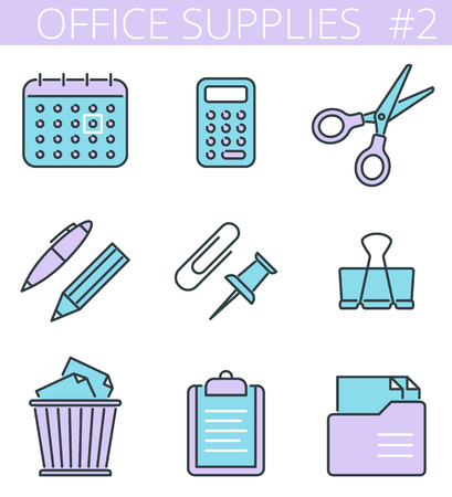 Office supplies and stationery outline icons: pen, pencil, calendar, calculator, scissors. Vector thin line business, education symbol set. Infographic colorful signs for web, presentations, network.のイラスト素材