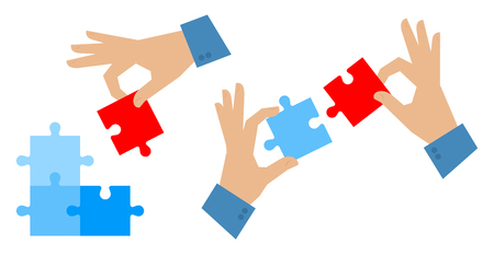 The problem solution flat illustration. Teamwork and success concept. Man's hand places last detail of puzzle. Hands hold and connect elements of jigsaw. Vector design infographic template.のイラスト素材