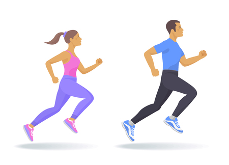 The running people set. Side view of active sporty running young woman and man in sportswear. Sport, jogging, fitness, workout, training concept. Flat vector illustration isolated on white backgroundの写真素材