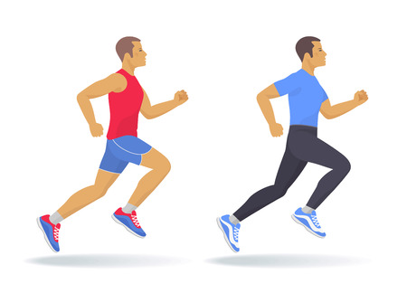 The running man set. Side view of active sporty running young men in a sportswear. Sport, jogging, fitness, workout, active people, concept. Flat vector illustration isolated on white background.の写真素材