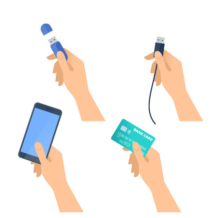 Human hands hold flash drive, mobile phone, usb plug, plastic bank credit card. Flat illustration of male and female hands with electronic devices and supplies. Vector design element isolated on whiteの写真素材