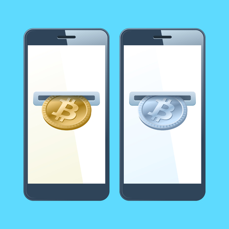 Two mobile phones and bitcoins. A coin slotes with gold and silver bitcoins are inserting at the screen. Money, banking, online payment, buying, cash concept. Vector flat material design illustration.の写真素材