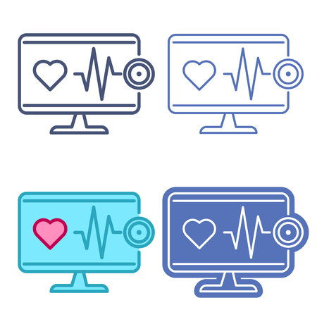 Desktop computer monitor with stethoscope and heartbeat symbol. Vector outline icon set. Telemedicine concept line pictograms. Thin contour infographic elements for web design, presentations, networksのイラスト素材