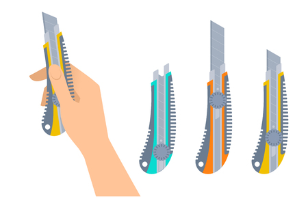 Human hand holds office knife. Flat illustration of male hand with builder and construction tool and Cutters with plastic handles. Vector design element set isolated on white background.のイラスト素材