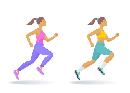The running woman set. Side view of active sporty running young women in a sportswear. Sport, jogging, fitness, workout, active people, concept. Flat vector illustration isolated on white background.の写真素材