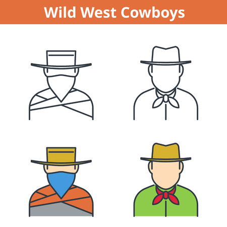 Flat and linear vector avatar set: Wild West cowboy and robber. Western outline human userpic collection. Colorful thin line face icons for user profiles, web design, social media and infographics.のイラスト素材
