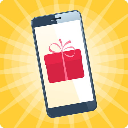 The smart phone with gift box on the screen. Flat vector illustration of smartphone on the holiday colorful background. The online store, e-shopping, gifts phone order, christmas, new year concept.のイラスト素材