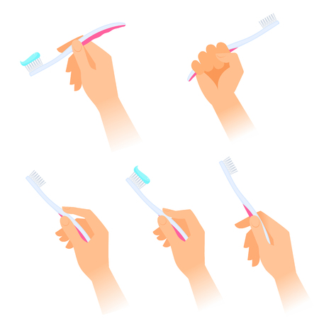 Human hands with toothbrushes and toothpaste on the brush. Flat illustration of male and female hands with teeth clean, hygiene, health care tools. Vector isolated on white background design elements.のイラスト素材