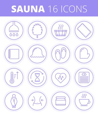 Traditional sauna, steam bath and spa outline icon set. Wash and swelter equipment and accessories line pictogram set. Vector linear icons. Bathroom and bathhouse thin contour infographic elements.のイラスト素材