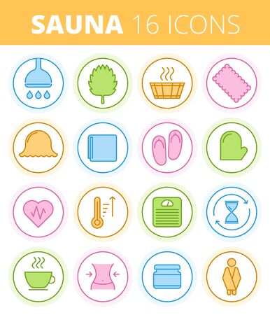 Traditional sauna, steam bath and spa outline icon set. Wash and swelter equipment and accessories line pictogram set. Vector linear icons. Bathroom and bathhouse thin contour infographic elements.のイラスト素材