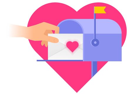 Human hand is taking out an envelope from a mailbox with heart sign on the background. Flat vector illustration of a postbox, a hand holding a letter. Valentine day, romantic correspondence concept.のイラスト素材