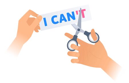 Human hand is using a scissors to cut a phrase I CAN'T on the sticker. Flat illustration of steel office shears cutting a letters off to get I CAN. Vector business concept isolated on white backgroundのイラスト素材