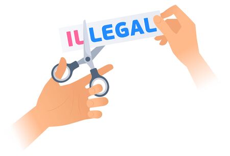 Human hand is using a scissors to cut a word ILLEGAL on the banner. Flat illustration of steel office shears cutting a letters off to get LEGAL. Vector business concept isolated on white background.のイラスト素材