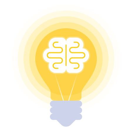 Human brain in the bulb. Vector flat illustration of mind symbol in the lamp balloon. The inspiration, imagination, innovation, creativity, decision, solution concept icon isolated on white backgroundのイラスト素材