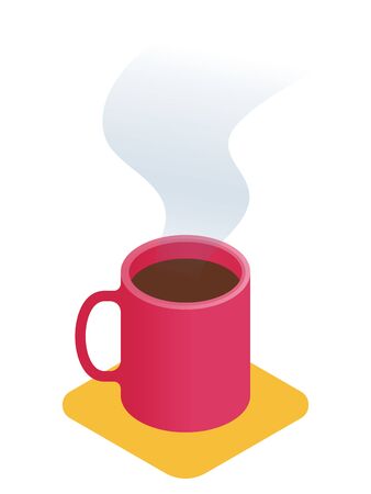 Flat isometric illustration of cup of coffee. Business workplace element isolated on white background. Office and home life workspace vector concept: the red mug of hot black coffee with steam above.
のイラスト素材
