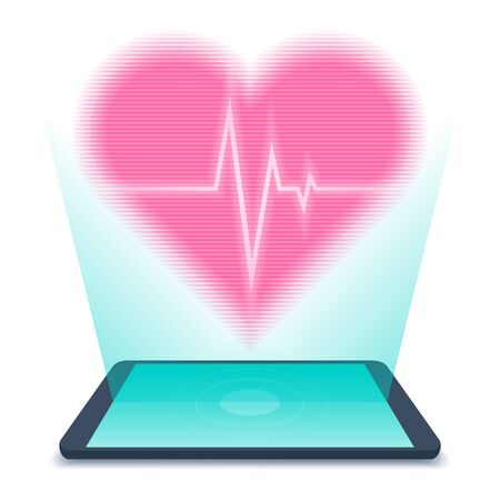 Tablet PC and hologram of human heart above the screen. Flat vector illustration of virtual patient's heart with pulse line. Science, telemedicine, future medicine concept isolated on white backgroundのイラスト素材