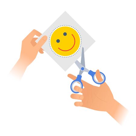 Human hand is using a pair of scissors to cut out an emoji from paper. Flat vector illustration of smile face emoticon with dotted line on a piece of sheet and steel office shears with plastic handlesのイラスト素材
