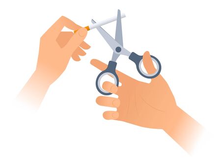 Human hand is using a scissors to cut a cigarette. Flat illustration of steel office shears cutting a smoke off to stop bad habit. Vector healthy lifestyle and quitting concept isolated on white.のイラスト素材