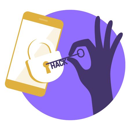 The hacker breaks the protection of the device. Flat vector illustration of smart phone, hacker's hand in glove with passkey unlocking a lock. Bypass protection, cyber crime concept isolated on white.のイラスト素材
