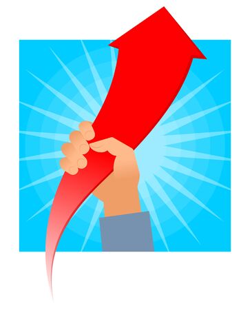 Hand holds growing red arrow graph. Business improving flat concept illustration. Businessman is holding an increasing arrow to achieve progress and get profit. Vector infographics design element.のイラスト素材