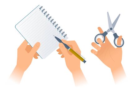 Businessman's hands with office supplies: paper notebook, pen, scissors. Vector illustration of human hands holding various business accessories. Flat design elements isolated on white background.のイラスト素材