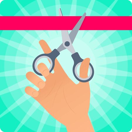 Hand with pair of scissors cutts the red band. Flat concept illustration of cutting with scissors of the ribbon at opening ceremony. Vector infographic elements for web design, banners, presentations.のイラスト素材